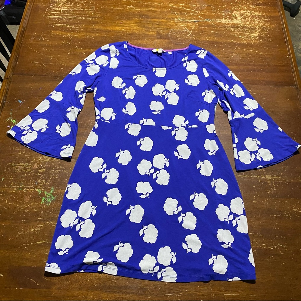 Boden Women’s Miriam Dress Size 8R Floral Jersey Knit A-Line Bell Sleeve Blue